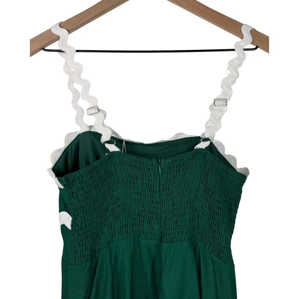 Senllen Green Cotton Linen Ric Rac Trim Mini Dress Smocked Back Size M NWT - Picture 5 of 7